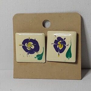 Earrings Flower Enamel metal Square 7/8"